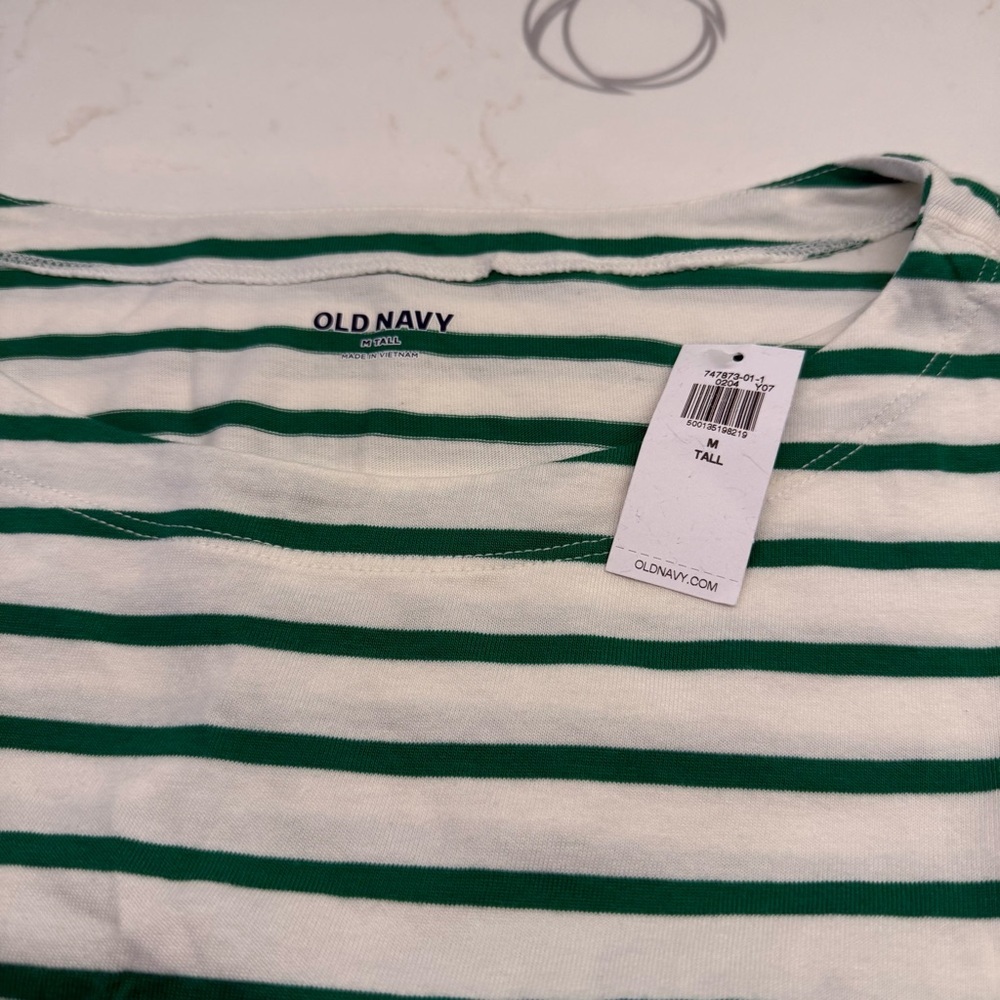 Old Navy White and Green Striped Short Sleeve Top Size M Tall Coastal Grandma - Picture 5 of 7